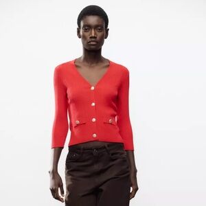 Zara Ribbed Red Cardigan NWT